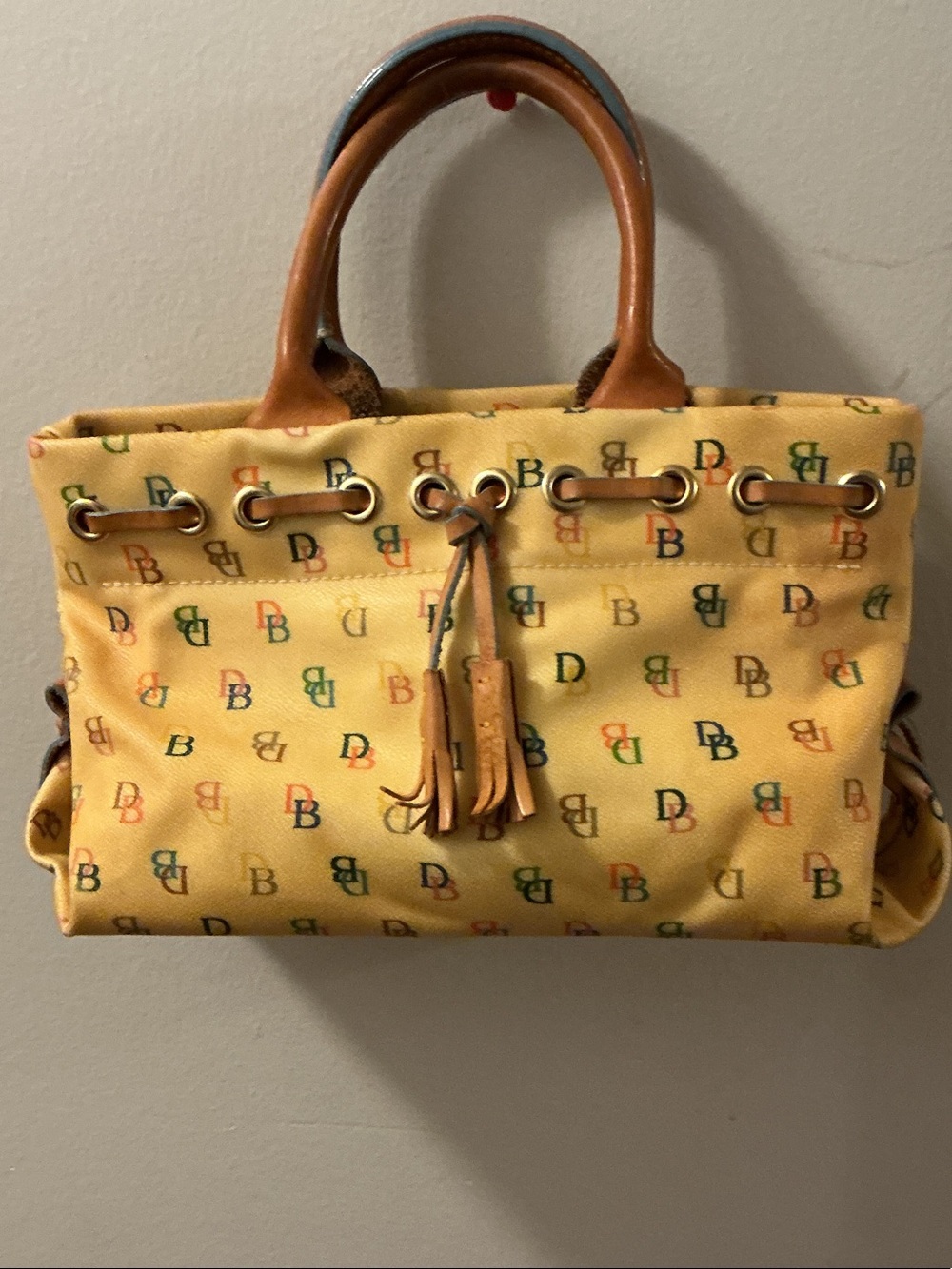 Dooney & Bourke Yellow Logo-Print Satchel with Tan Leather Handles & wallet